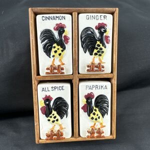 Spice Rack Vintage MCM 1950's Ceramic and Wood Roosters 4 Total Shakers
